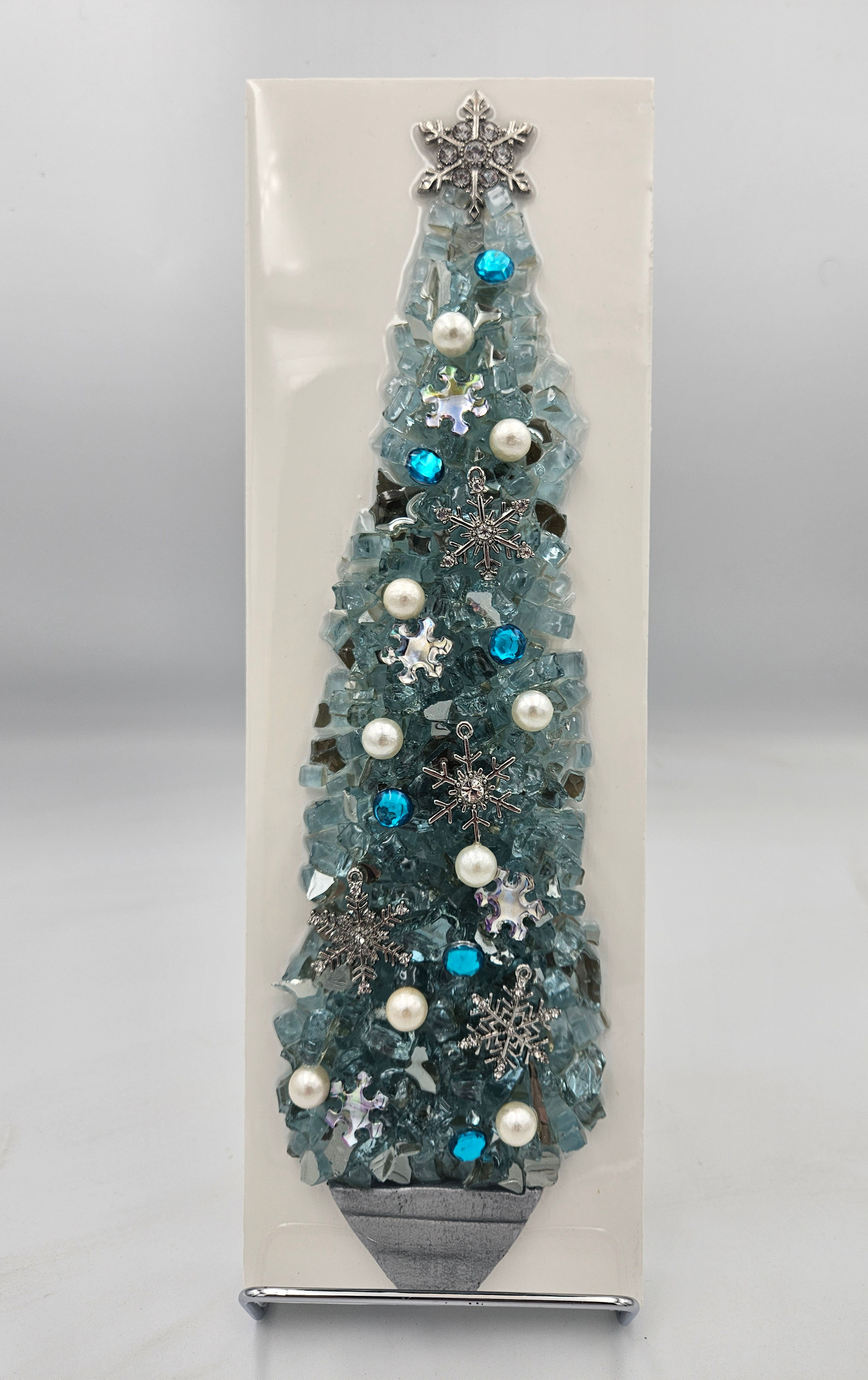 #433 Light azure glass tree with turquoise gems