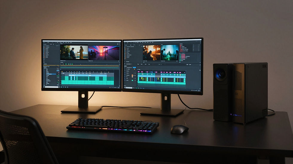 Desk setup for video editing and content creation