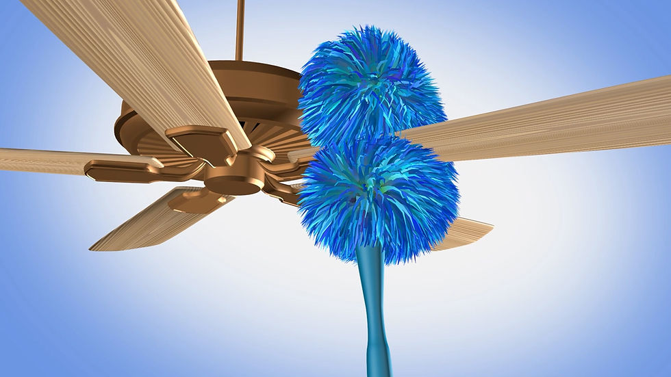 Blue duster cleaning a wooden ceiling fan blade