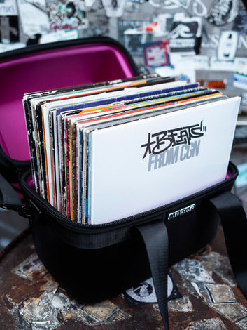 12" sandwich bag filled with various albums