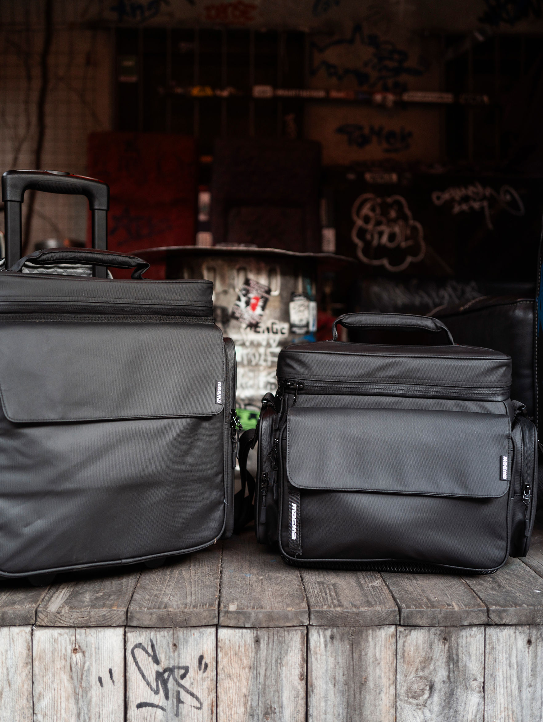 Solid Blaze Vinyl Trolley and Solid Blaze Vinyl Bag on wooden surface