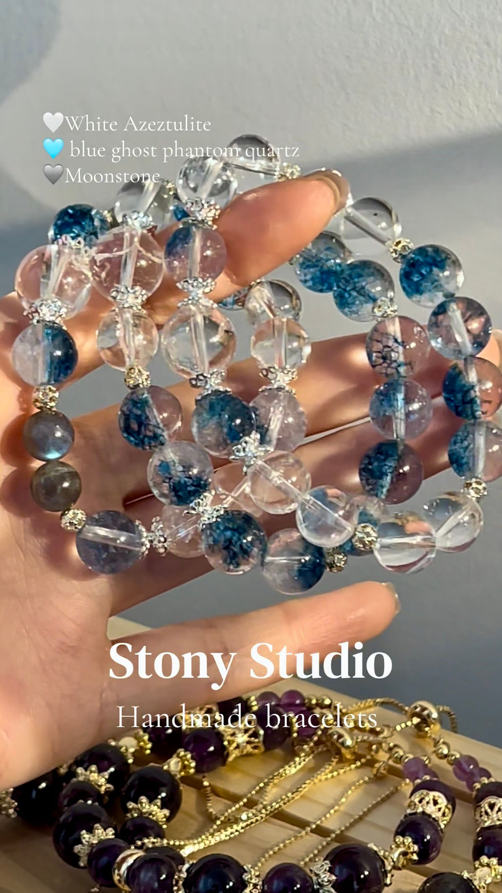 Thumbnail: White Azeztulite | Blue Ghost Phantom Clear Quartz Bracelet | Silver-filled
