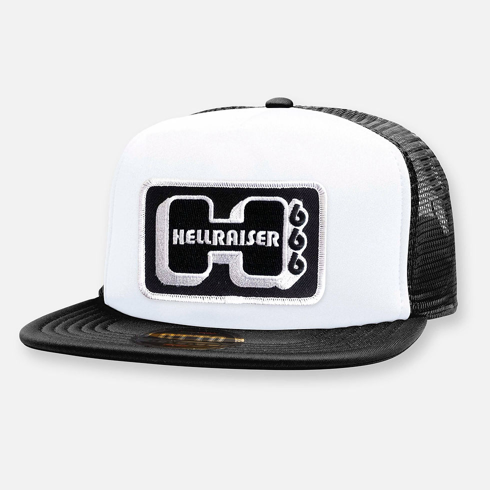 Thumbnail: White and black trucker hat with 'HELLRAISER 666' patch