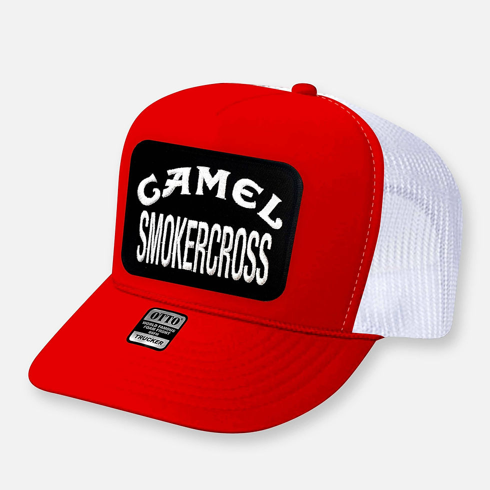 Thumbnail: Red and white trucker hat with CAMEL SMOKERCROSS patch