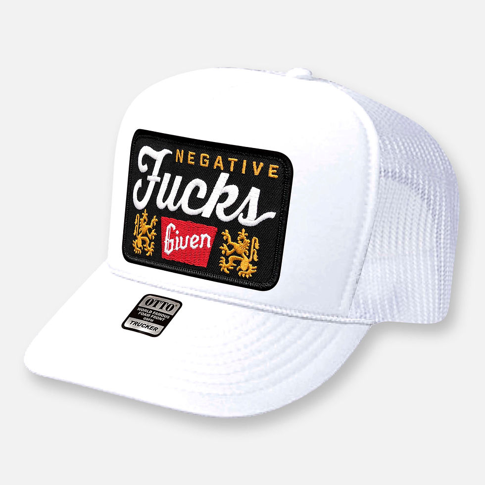 Thumbnail: White trucker hat with 'NEGATIVE Fucks Given' patch