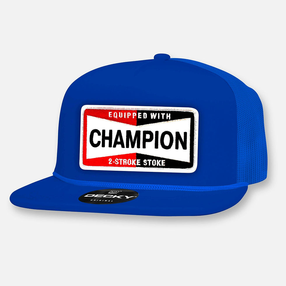 Thumbnail: Blue Champion flat bill hat with 'Equipped with 2-Stroke Stoke' patch
