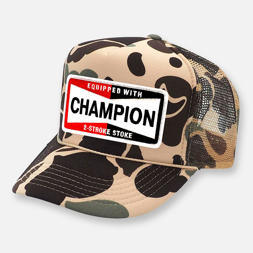 Thumbnail: Camo trucker hat with 'CHAMPION 2-STROKE STOKE' patch