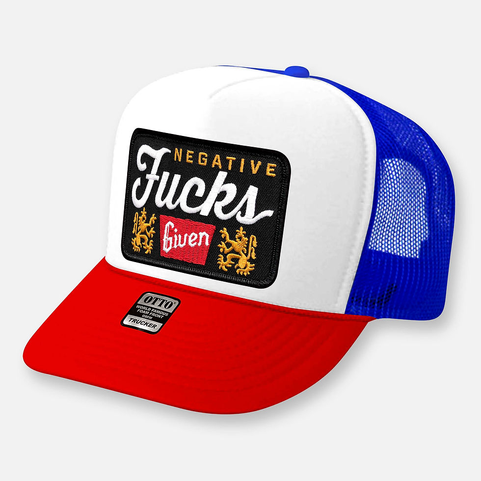 Thumbnail: LESS THAN ZERO trucker hat with 'Negative Fucks Given' patch
