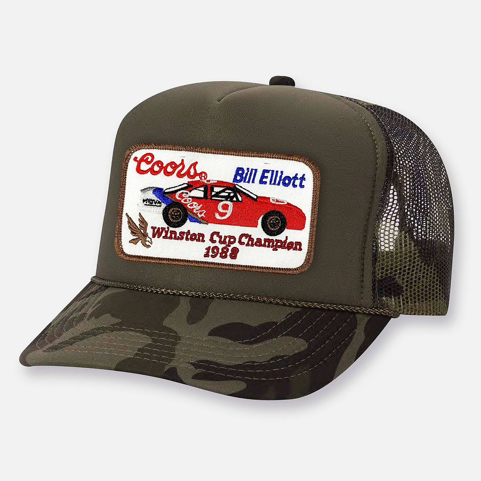 Thumbnail: Olive green and camo hat with Bill Elliott 1988 Winston Cup patch