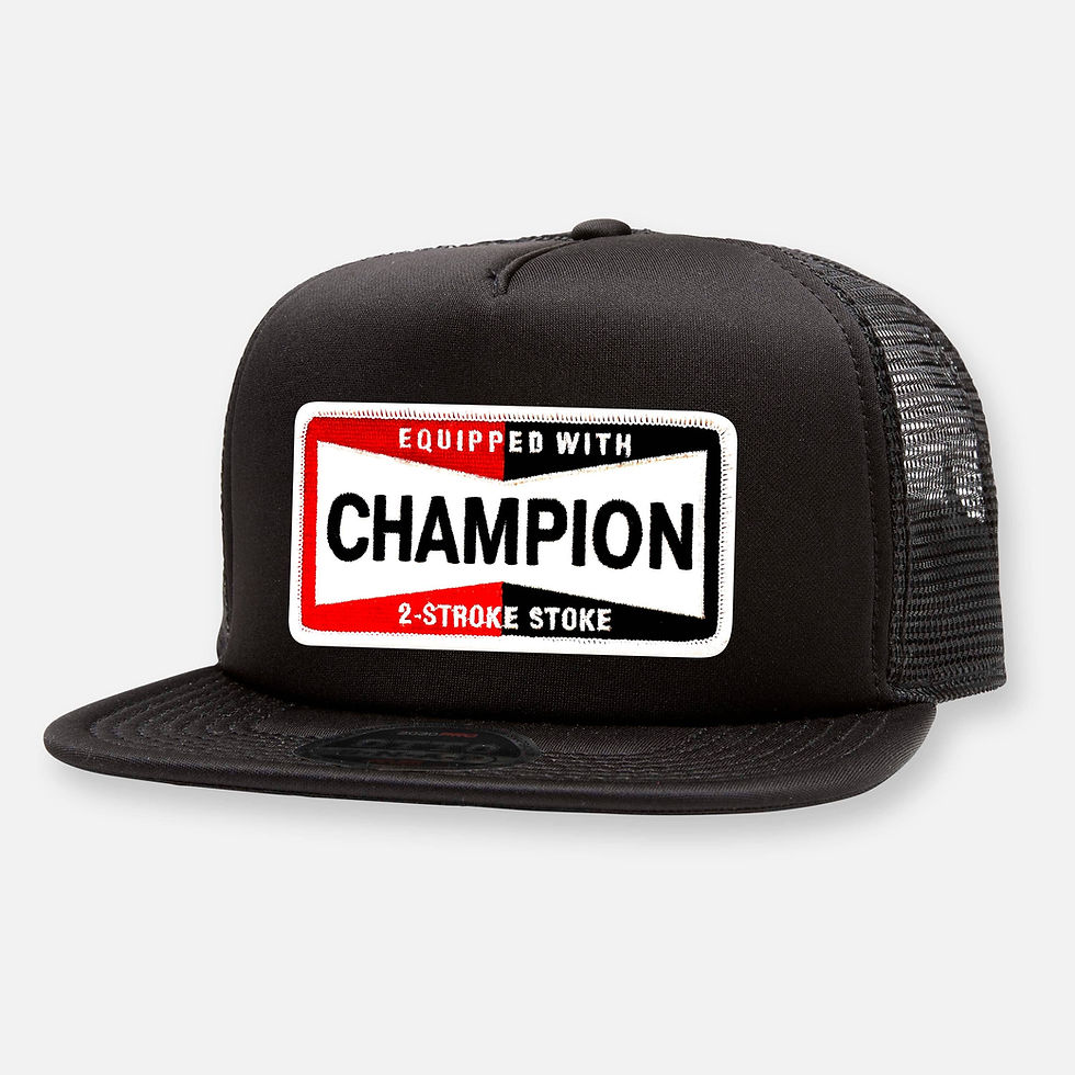 Thumbnail: Black flat bill hat with Champion 2-Stroke Stoke patch