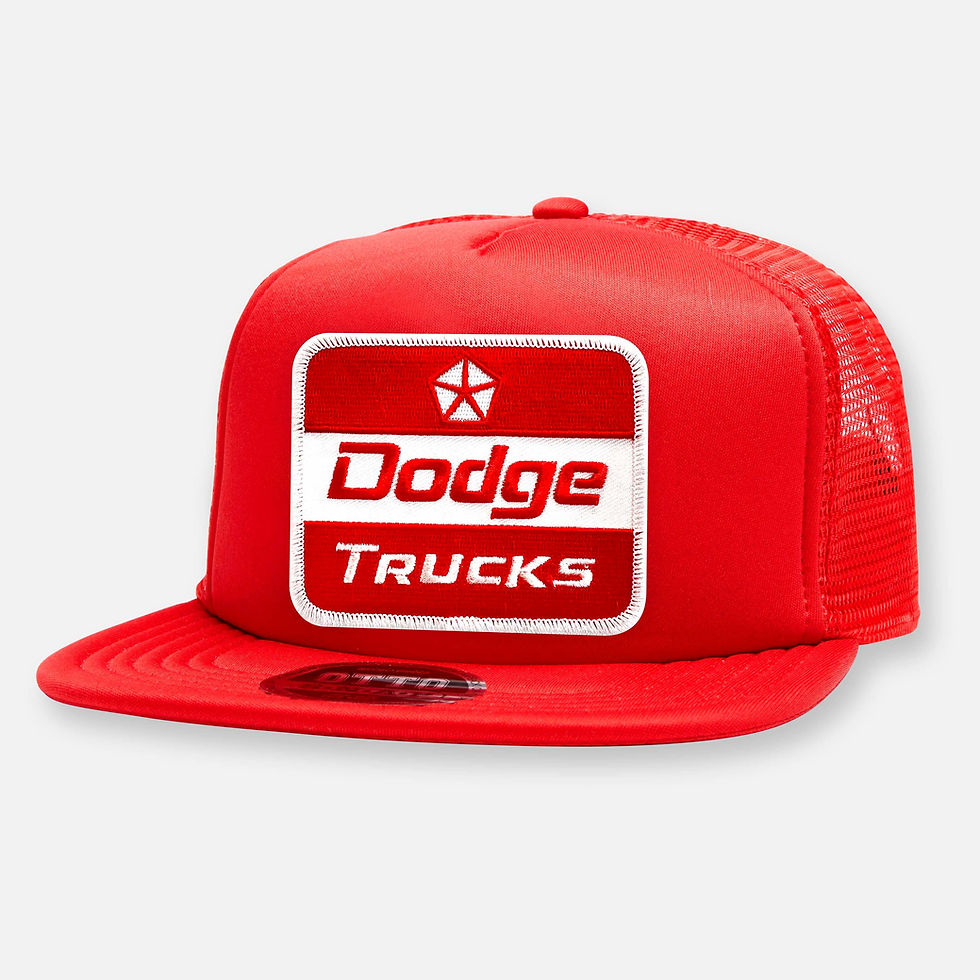 Thumbnail: Red flat bill hat with Dodge Trucks patch