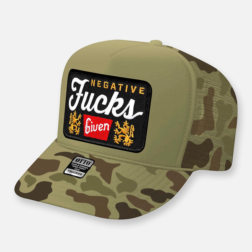 Thumbnail: Camouflage trucker hat with 'NEGATIVE Fucks GIVEN' patch