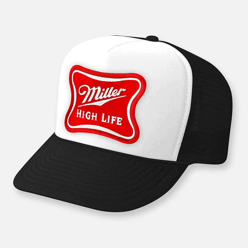 Thumbnail: Black and white trucker hat with Miller High Life patch