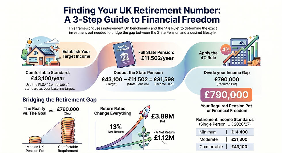 Infographic on UK retirement planning. Steps include: setting income, deducting state pension, applying 4% rule for £790k goal.