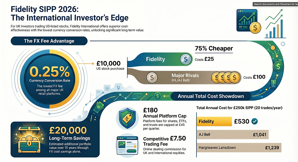 Infographic on Fidelity SIPP 2026 benefits: 0.25% FX fee, £20k long-term savings, annual costs £530. Features charts and savings visuals.