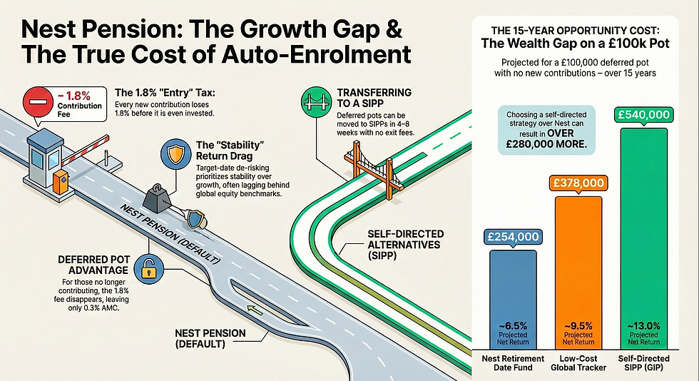 Infographic comparing Nest Pension, showing a road and bar graph illustrating growth gaps, fees, and projected returns for different options.