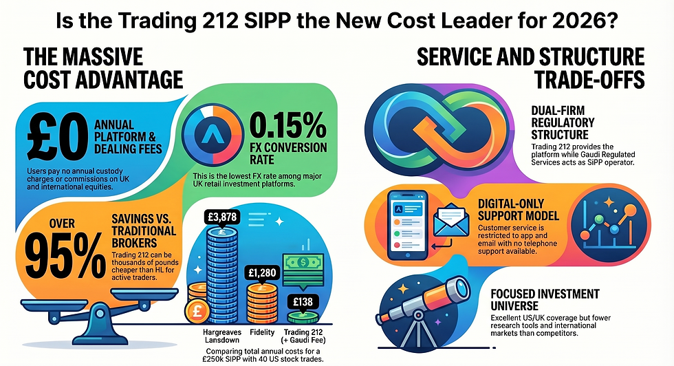 Infographic on Trading 212 SIPP for 2026. Highlights include £0 annual fees, 0.15% FX rate, savings over brokers, and service structure trade-offs.
