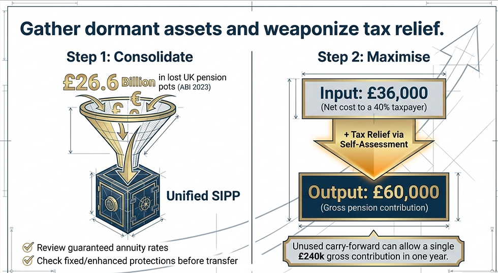 Infographic on pension assets: Step 1 consolidates £26.6B in UK pensions; Step 2 maximizes input/output with tax relief, showing figures and tips.