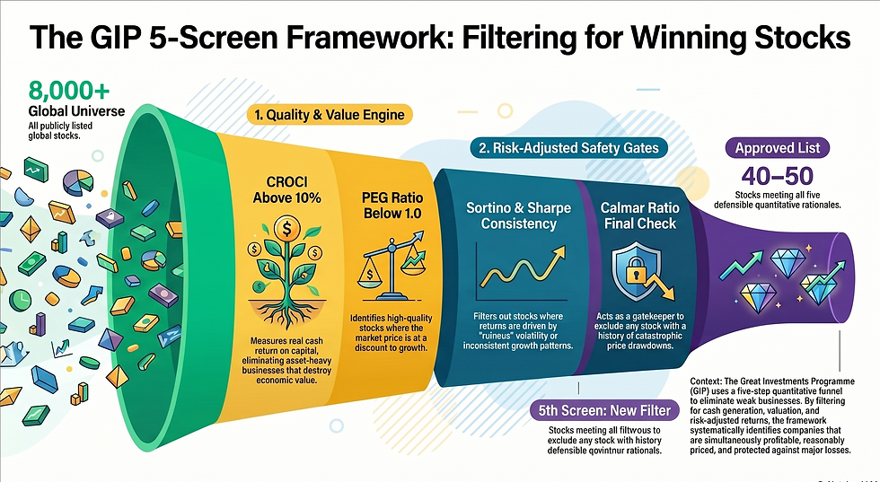 Infographic of GIP 5-Screen Framework showing funnel filtering stocks. Steps include Quality, Safety, Consistency, Check, and Approval.