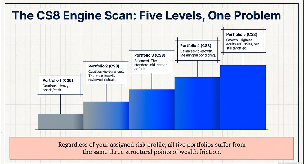 Graph titled "The CS8 Engine Scan: Five Levels, One Problem" shows five blue portfolios, each with a text box explaining their characteristics.