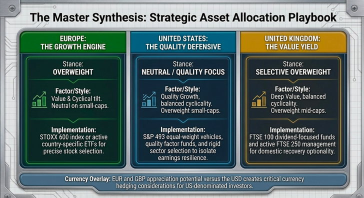 Asset allocation infographic with three columns for Europe, US, UK, detailing stances, styles, implementations, and currency overlay note.