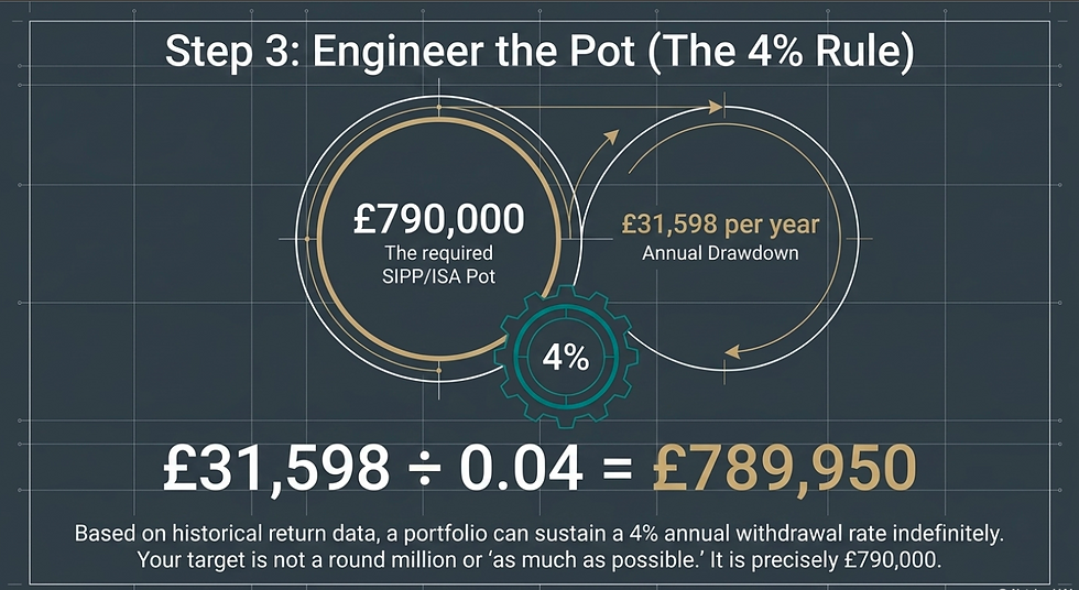 Infographic on the 4% Rule showing £790,000 SIPP/ISA pot, £31,598 annual drawdown. Equation: £31,598 ÷ 0.04 = £789,950. Dark grid background.