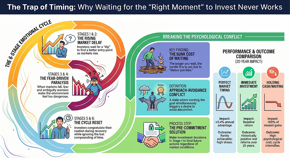 Infographic on timing traps in investing. Features a 6-stage emotional cycle, psychological conflicts, and a 20-year performance comparison.