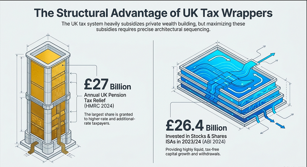 Graph comparing UK tax relief: £27B for pensions (gold structure) vs. £26.4B for ISAs (blue layers). Text explains tax benefits.