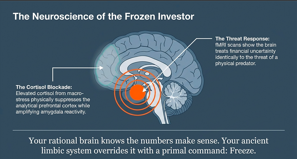 Illustration titled "The Neuroscience of the Frozen Investor" shows a brain with text explaining cortisol effects and threat response to financial stress.