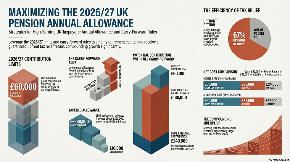 Infographic on maximizing UK pension allowance for 2026/27 with charts on contribution limits, tax relief, and potential with carry-forward.