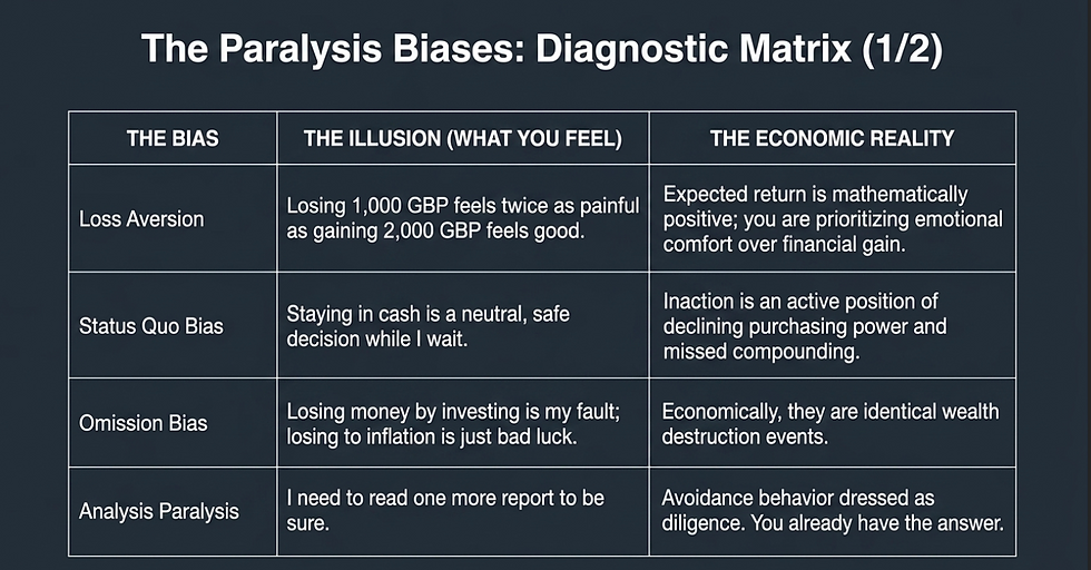 Matrix titled "The Paralysis Biases: Diagnostic Matrix (1/2)" compares biases, illusions, and economic realities in financial decisions. Dark background.