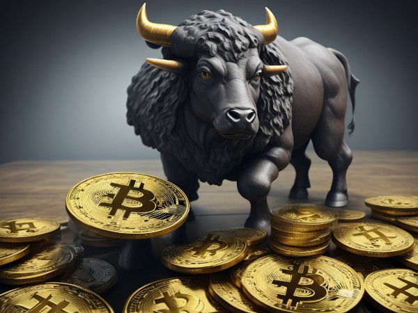 Imagem de um touro e bitcoins num bull market