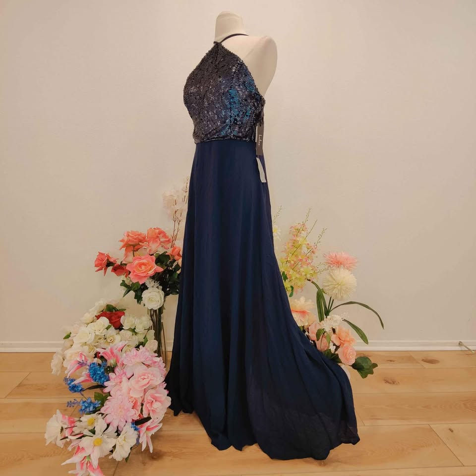 Hình thu nhỏ: wedding guest dress, Lulus ball gown, sequin halter dress, blue sequin gown, navy blue formal dress, matte blue dressMEOYEUUS