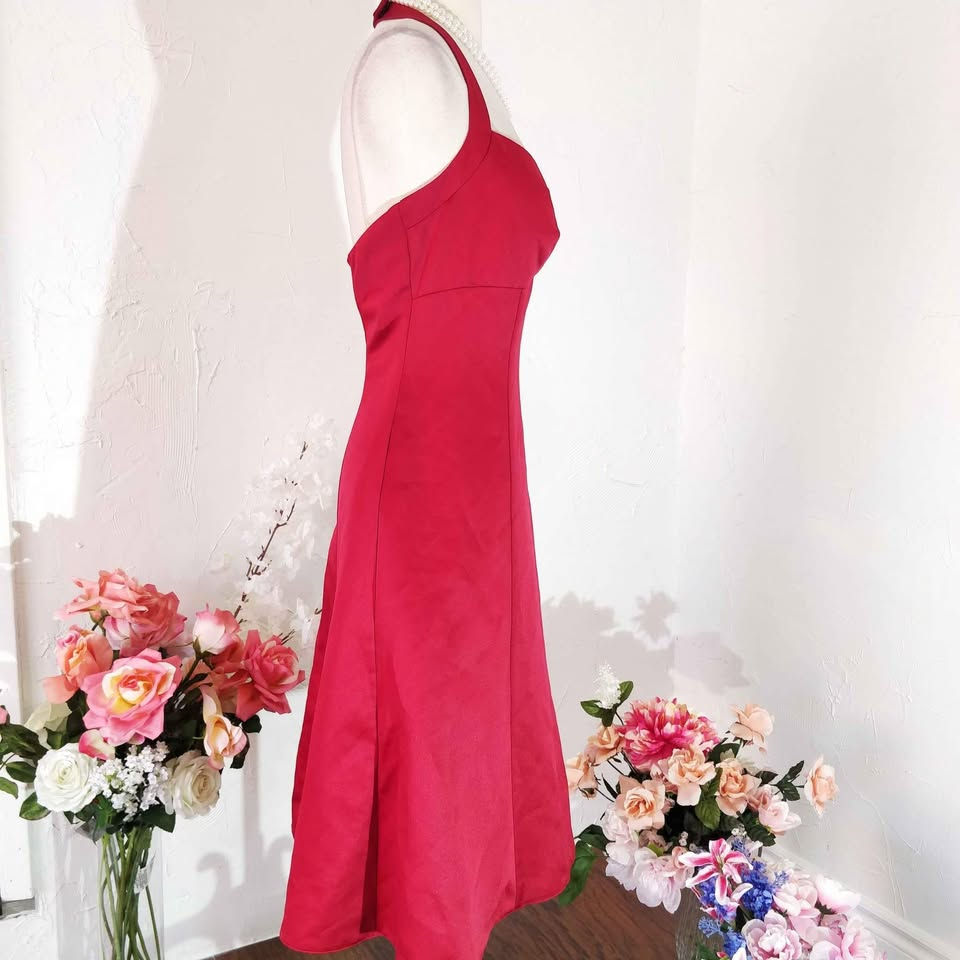 Thumbnail: David Bridal Red Satin Rhinestone Halter Bridesmaid Evening Party Dress size M