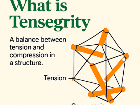 text says, "Tensegrity: A balance between tension and compression in a structure" with a graphic illustration of a polyhedron connected by lines