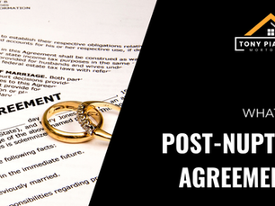 Graphic that says 'What is a post-nuptial agreement?' with two wedding rings on top of a piece of paper with information on post nuptial agreement