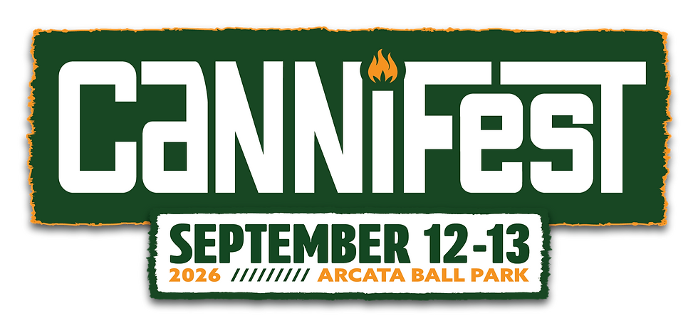 Cannifest poster in green and white with orange flame; dates: September 12-13, 2026, at Arcata Ball Park. Bold, vibrant design.