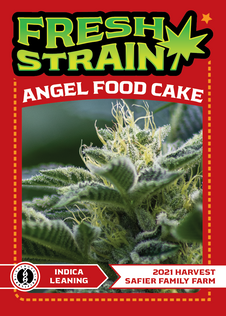 Front/Back of Fresh Strain Verified Genetics Trading Cards for the Angel Food Cake Cultivar including stats and details about growing region and more.