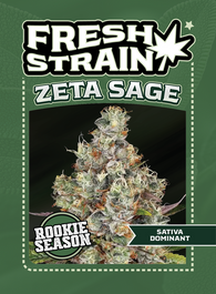 Front/Back of Fresh Strain Verified Genetics Trading Cards for the ZETA Sage Cultivar including stats and details about growing region and more.