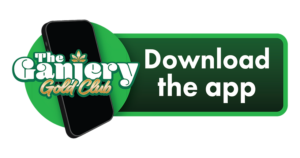 The Ganjery Gold Club logo over a smartphone beside a green banner reading Download the app.