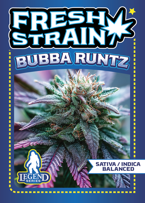 Front and Back of Fresh Strain Verified Genetics Trading Cards for the Bubba Runtz Cultivar including pertinent information and details about breeder, lineage, growing region, flavor profile, dominant terpenes, and more.