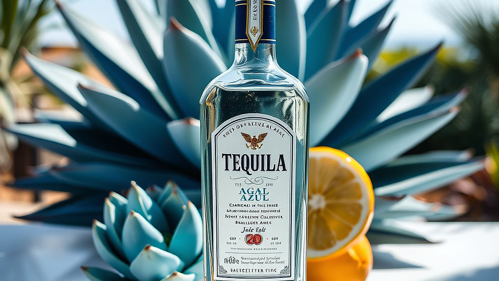 Tequila bottle in sunlight with agave plant and sliced lemon in the background, on a reflective white surface, evoking a fresh, vibrant mood.