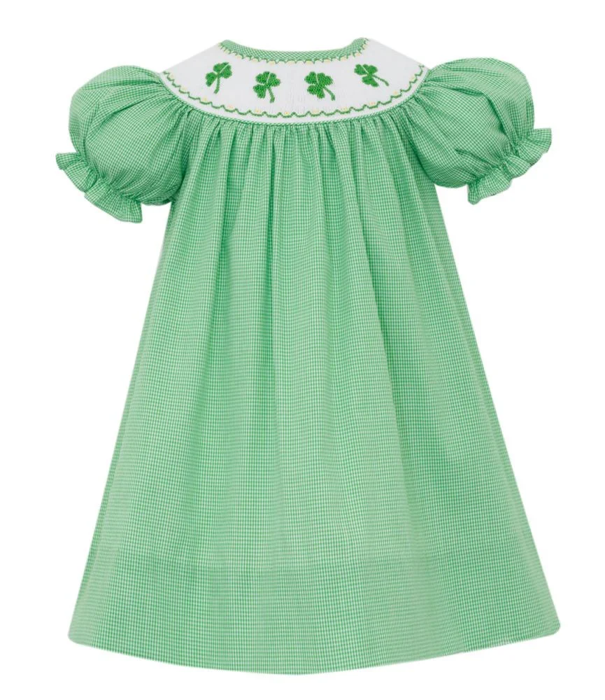 Petit Bebe Girls Gingham Smocked Shamrock Bishop Dress