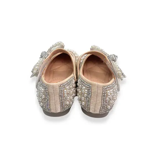 Thumbnail: Doe a Dear Girls Beige Bowtie Strap Jewel Flat Shoes