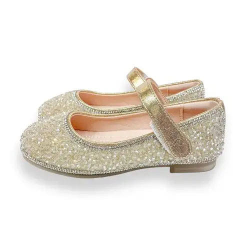 Thumbnail: Doe a Dear Girls Light Gold Clear Stone Flat Shoes