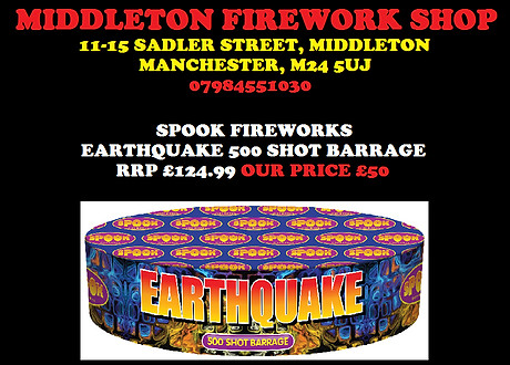 SPOOK FIREWORKS EARTHQUAKE 500 SHOT BARRAGE - £50 AT MIDDLETON FIREWORK SHOP MANCHESTER