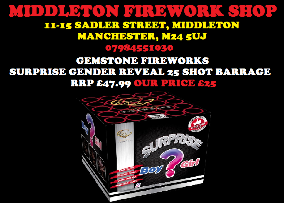 GEMSTONE FIREWORKS GENDER REVEAL 25 SHOT FIREWORK BLUE BOY / PINK GIRL - £25 AT MIDDLETON FIREWORK SHOP MANCHESTER