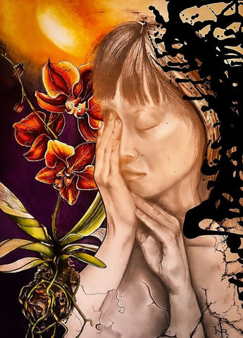 Abstract art: Serene woman, red orchids, dark background