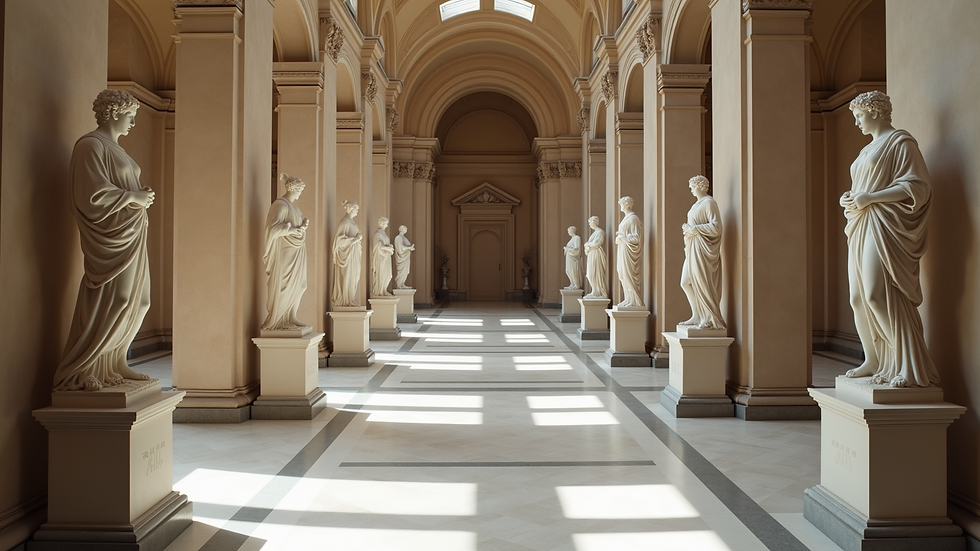 High angle view of a grand museum hall with classical sculptures