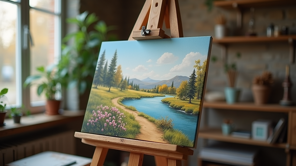 Eye-level view of a wooden easel holding a canvas with a landscape painting in progress